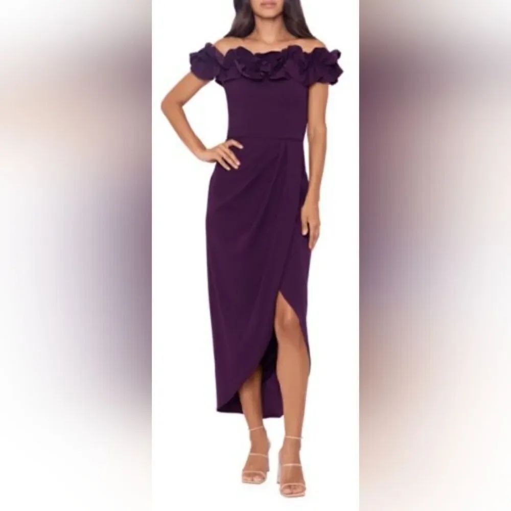 Xscape Ruffle Off Shoulder Asymmetric Midi Dress NWT Size 10 Mulberry Purple